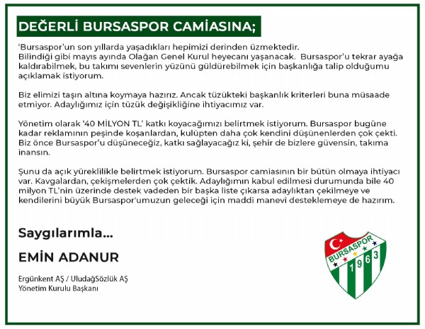 Emin Adanur Bursaspor Başkan adayı oldu!